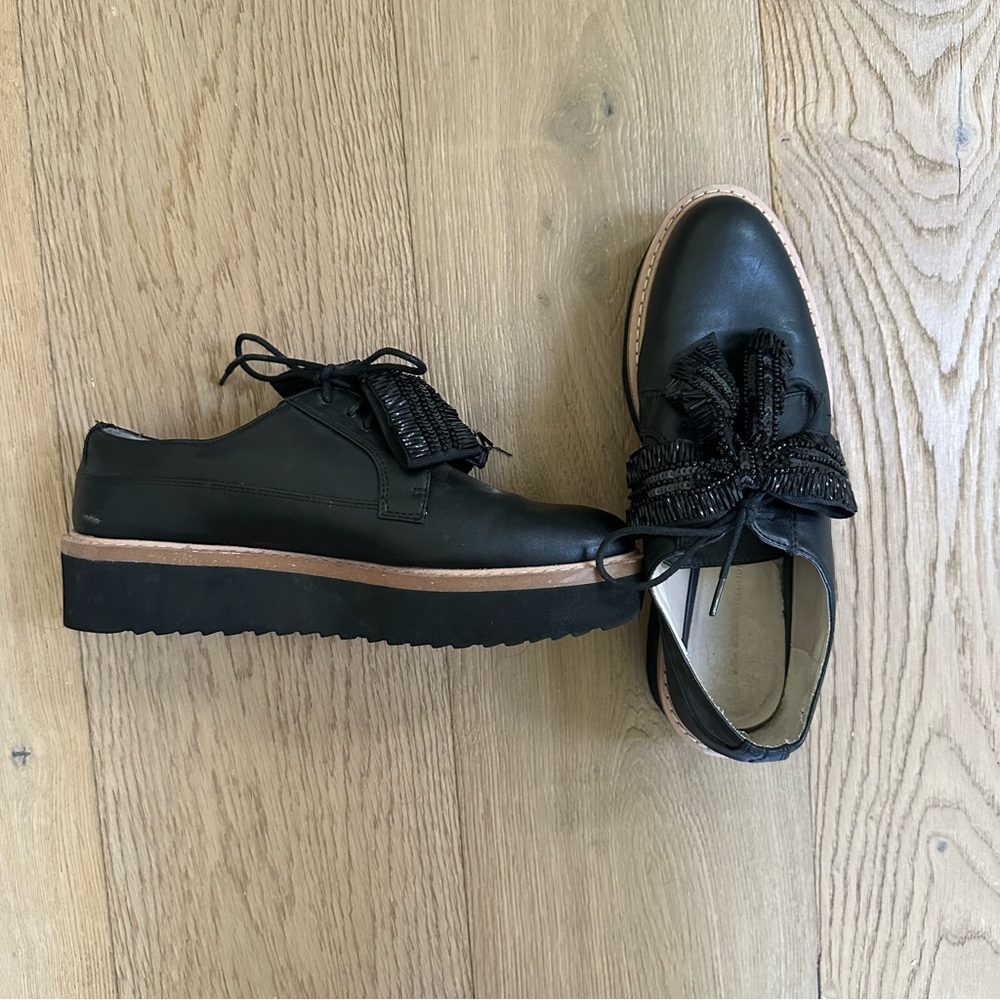Zara Black Leather Platform Loafers with Beaded Bow Embellishment (Size 8)